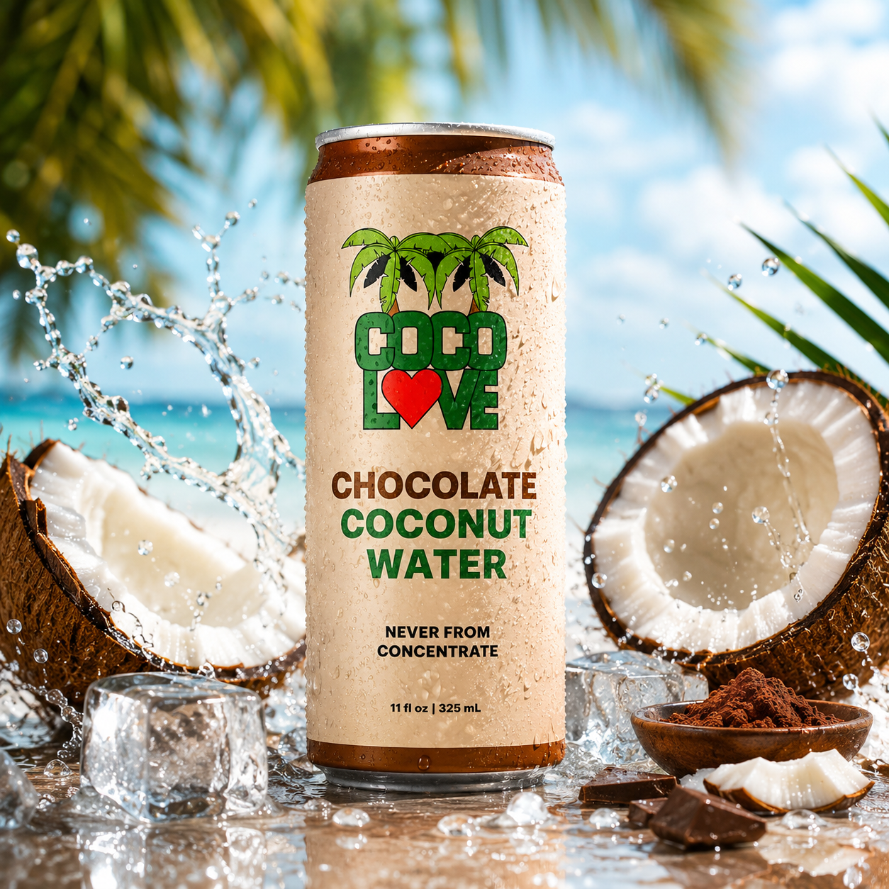 CocoLove Chocolate Coconut Water can on a tropical beach with fresh coconuts and ice