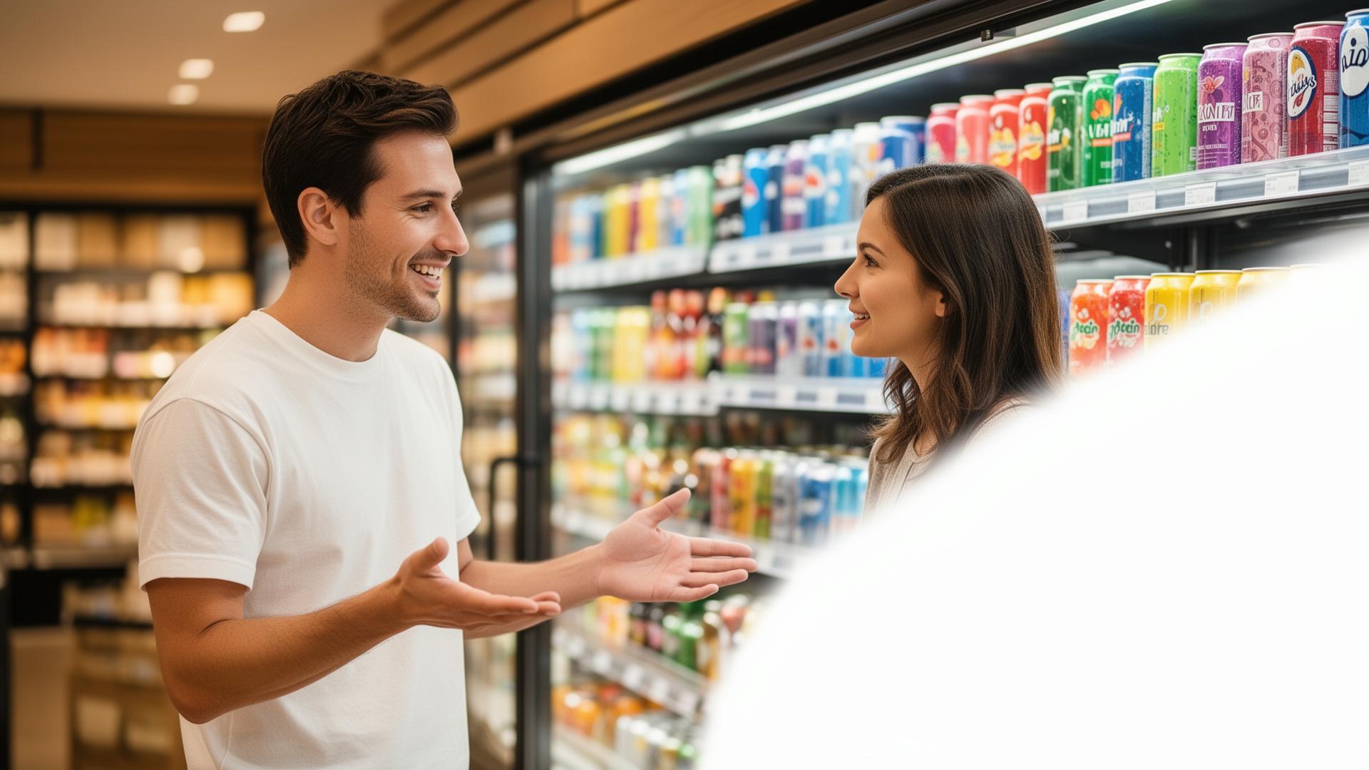 CocoLove brand ambassador educating a customer in a retail beverage aisle